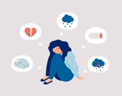 animated person sitting on the ground with eyes closed and thought bubbles around her with anxiety shape, broken heart, rain cloud, low battery, and storm cloud