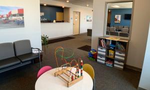 Child's table and toys in the Moorhead lobby