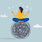 a graphic depicting a woman meditating on top of a ball of stress or trauma